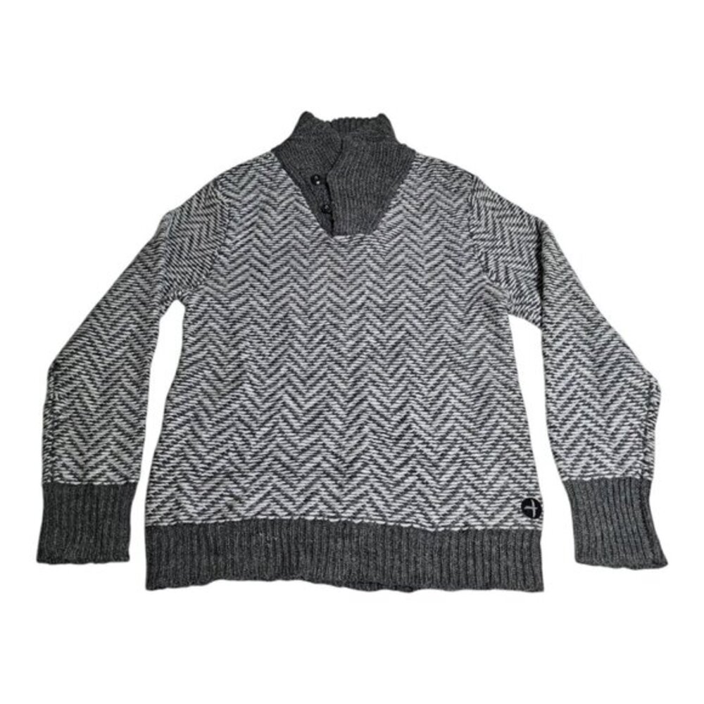 Relwen Sweater Mens Medium‎ Shawl Neck Herringbone Gray White Wool Knit